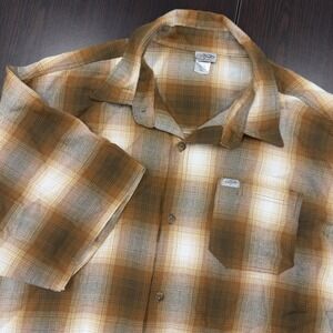 CalTop 3XL Mens Plaid Casual Button Up Short Sleeve Shirt Brown Tan